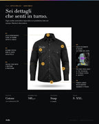 Infografía anatomía de la camisa de trabajo OneShot MUSO: seis detalles constructivos numerados, con el detalle fotográfico del casco bordado a color en la manga derecha.